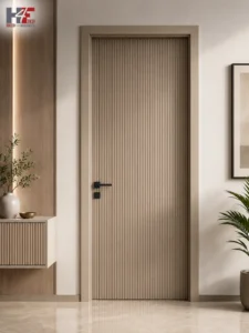 Modern vertical groove door design for a bathroom, featuring a sleek contemporary finish and clean vertical lines.