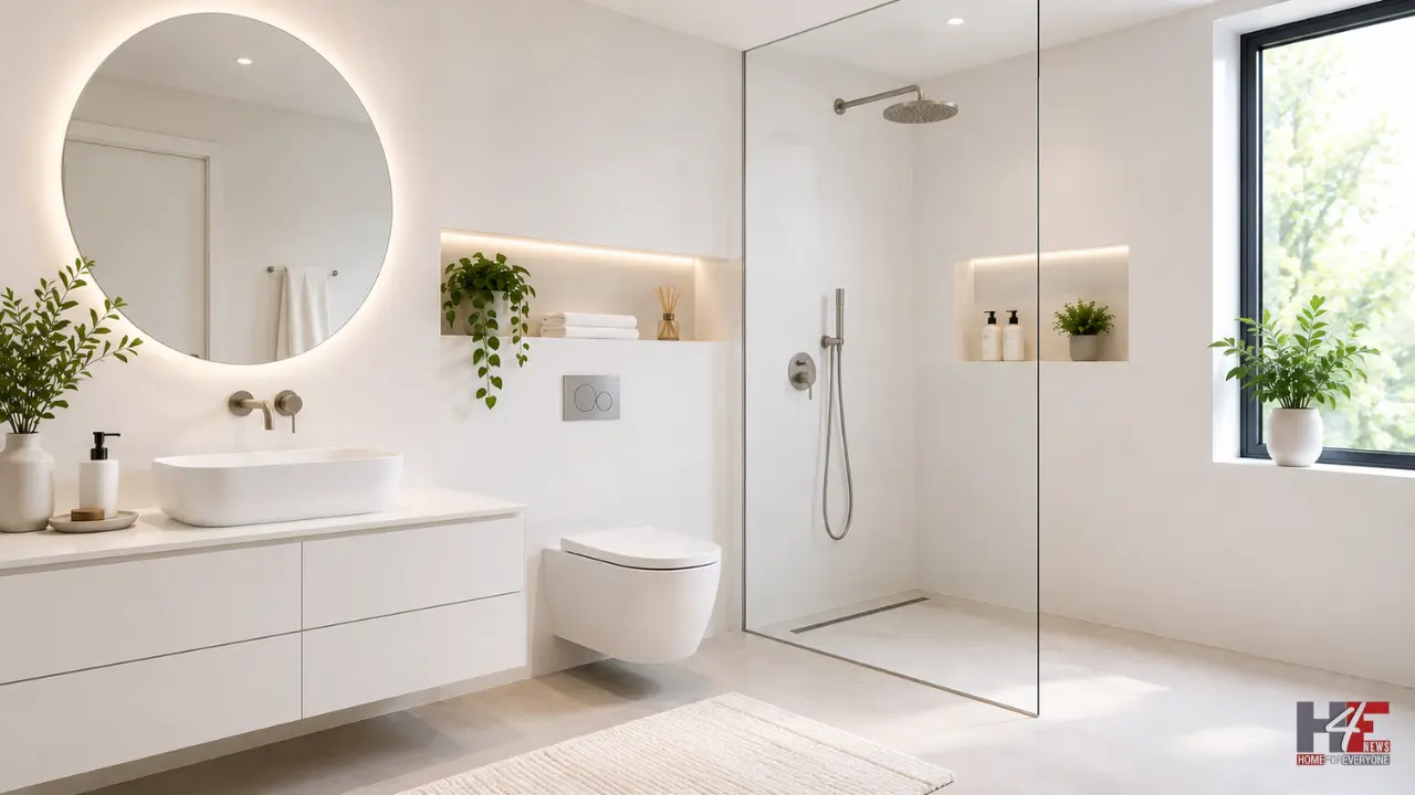 White minimalist bathroom design featuring clean lines, neutral tones, modern fixtures and a simple clutter-free interior.