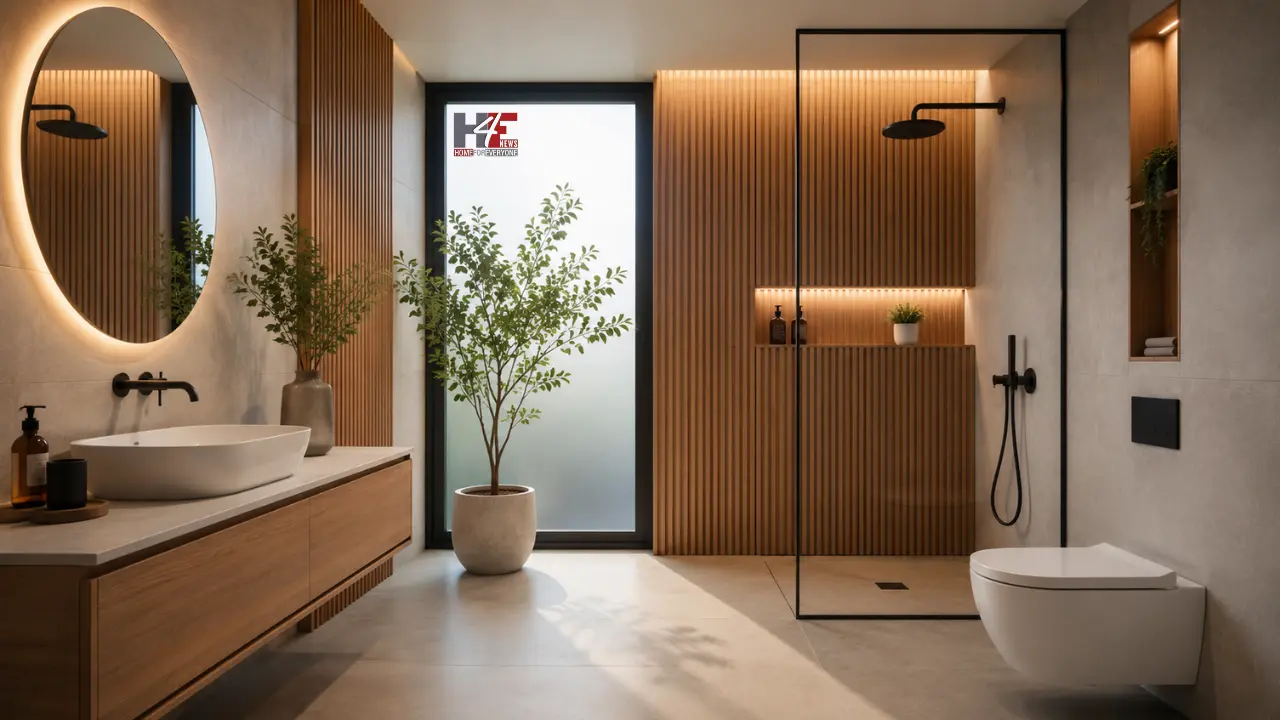 Wooden accent minimalist bathroom featuring warm wood tones, clean lines, modern fixtures and a simple clutter-free interior.