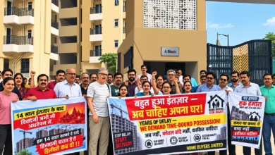 Amrapali Leisure Valley Verona Heights residents protesting over issues related to the residential project and demanding action.