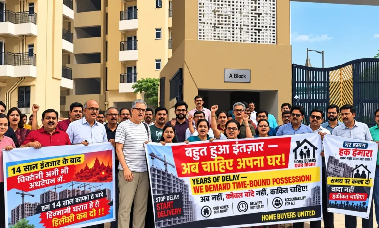Amrapali Leisure Valley Verona Heights residents protesting over issues related to the residential project and demanding action.