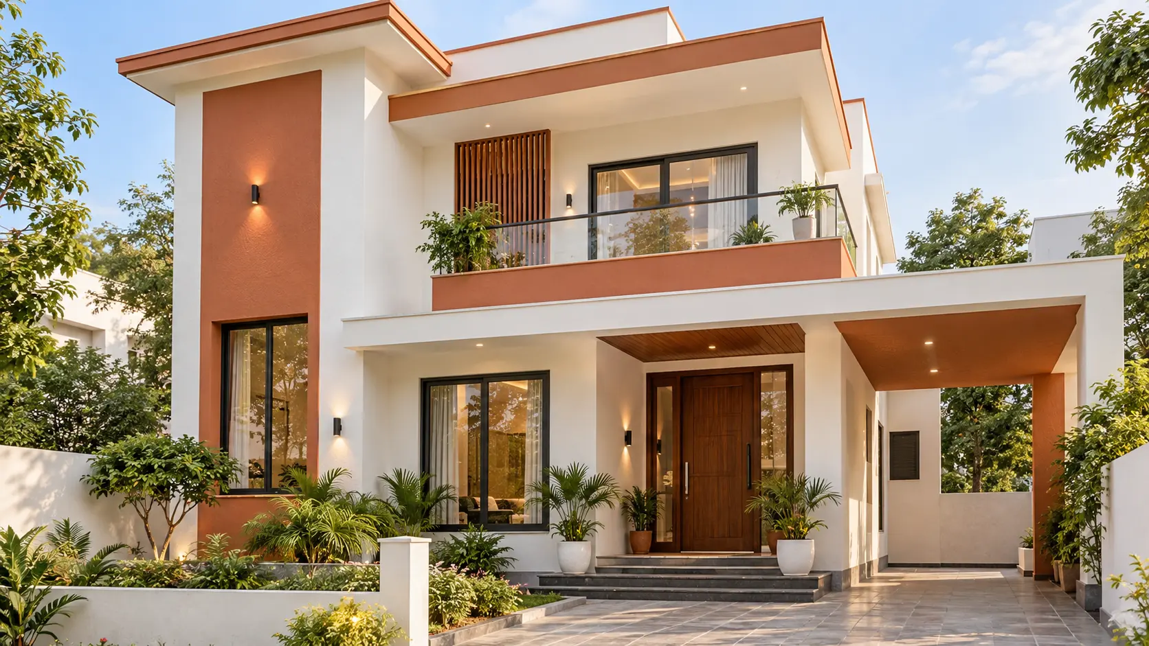 Chalky lime white and terracotta accent exterior paint colour combination for an Indian home