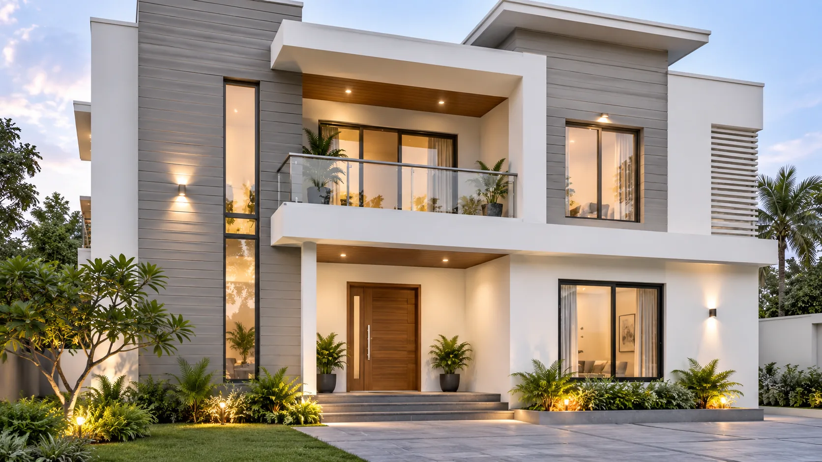 Coastal driftwood grey and crisp white exterior paint colour combination for an Indian home
