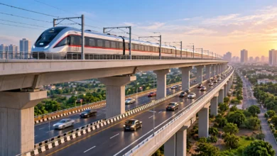 Proposed 7-km double-decker elevated road connecting Greater Faridabad with the Gurugram Road side, with road traffic on the lower deck and Namo Bharat trains on the upper deck.