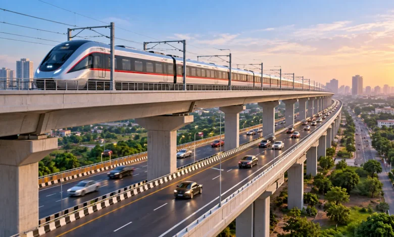 Proposed 7-km double-decker elevated road connecting Greater Faridabad with the Gurugram Road side, with road traffic on the lower deck and Namo Bharat trains on the upper deck.