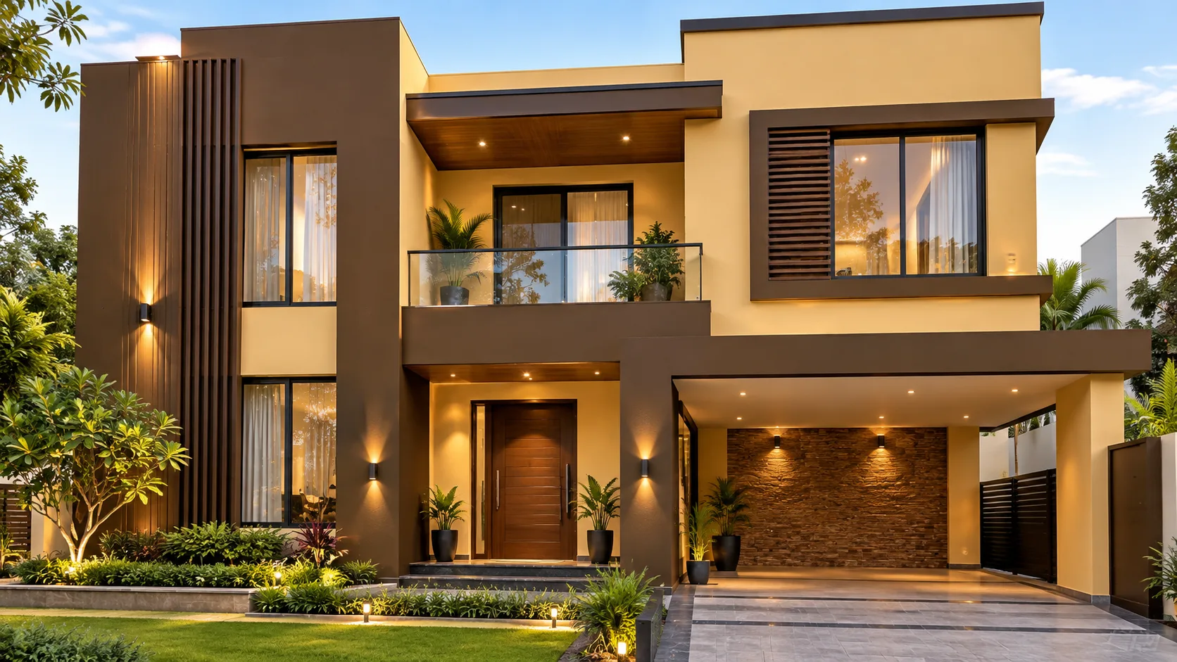 Golden wheat and deep bronze exterior paint colour combination for an Indian home