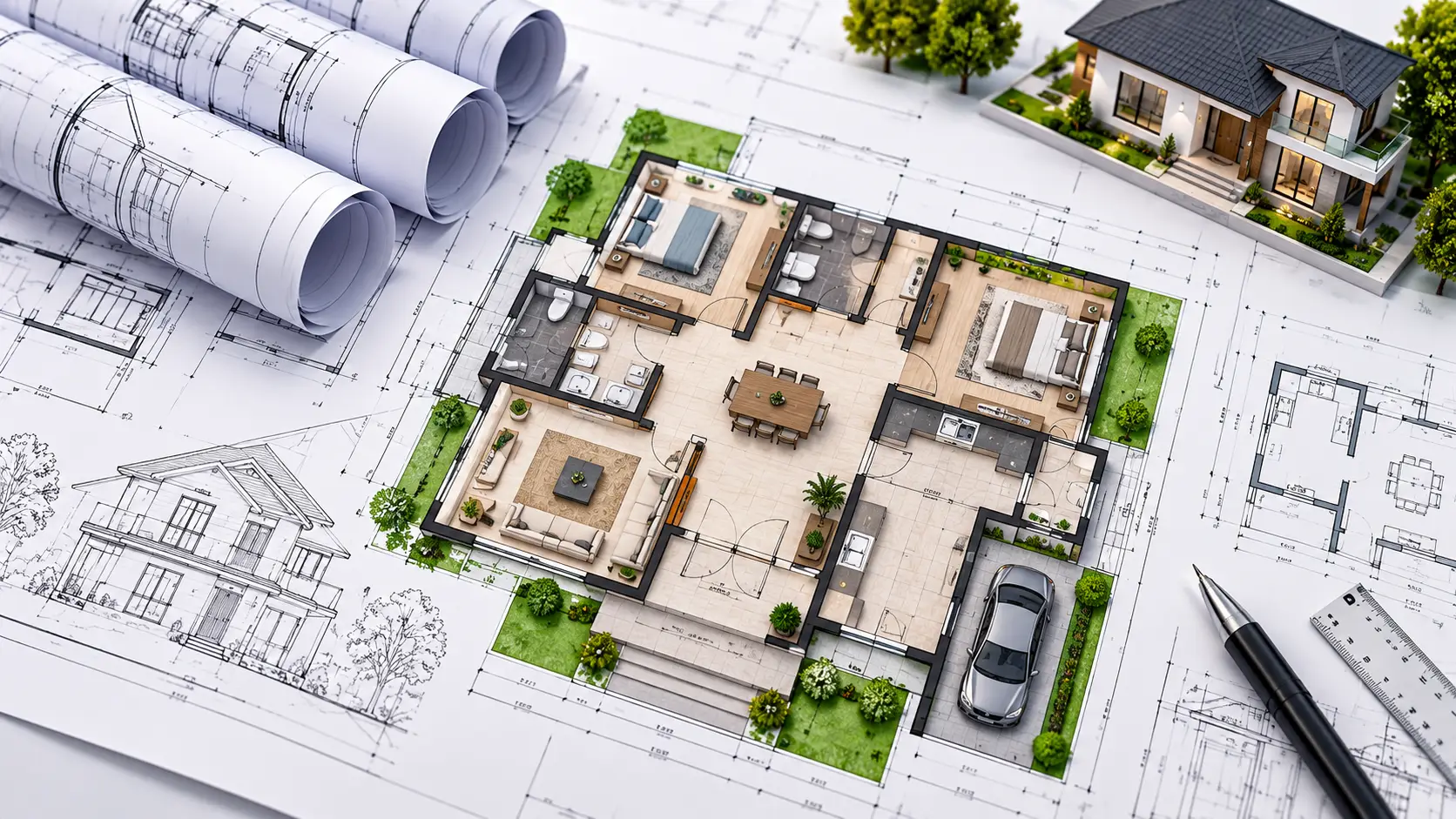 Pre-designed house plans showing ready-made floor plan layouts that help homeowners save time during the planning and construction process.