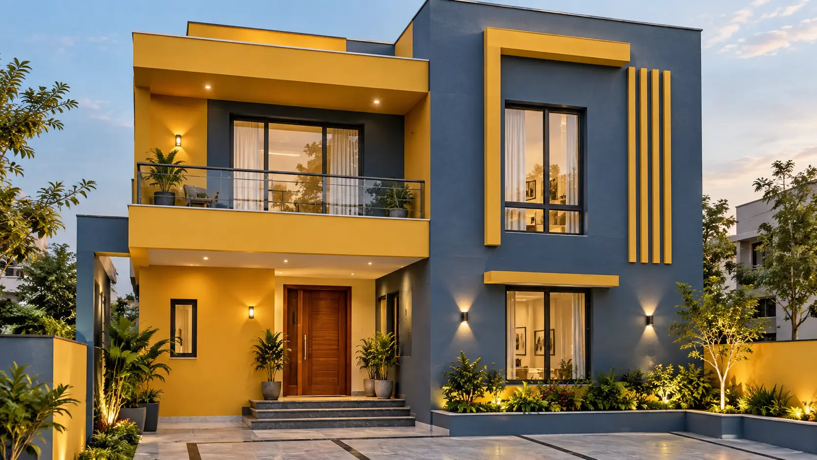 Mustard yellow and slate blue exterior paint colour combination for an Indian home