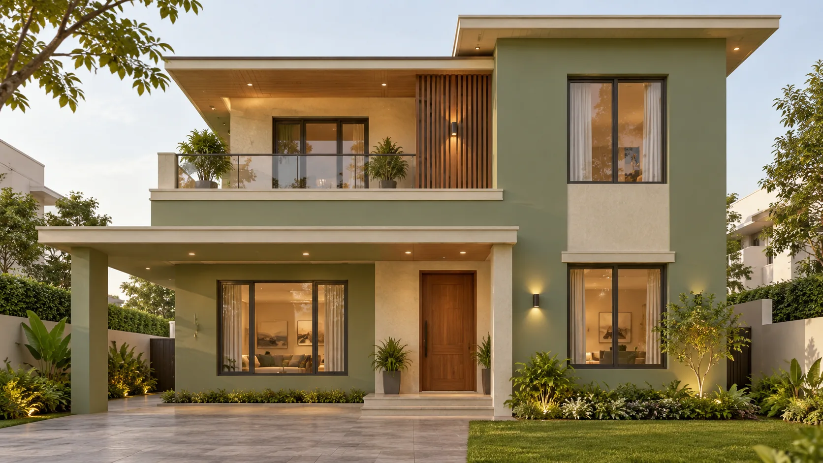 Muted sage green and limestone beige exterior paint colour combination for an Indian home