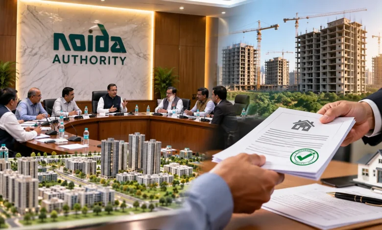 Noida Authority 223rd Board Meeting discussing key decisions on stalled projects, builder dues, property registries and city development.