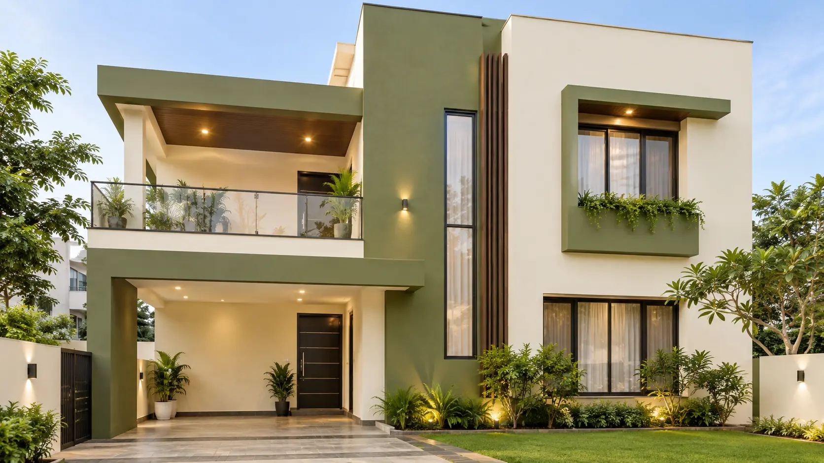 Pale ivory and muted olive green exterior paint colour combination for an Indian home