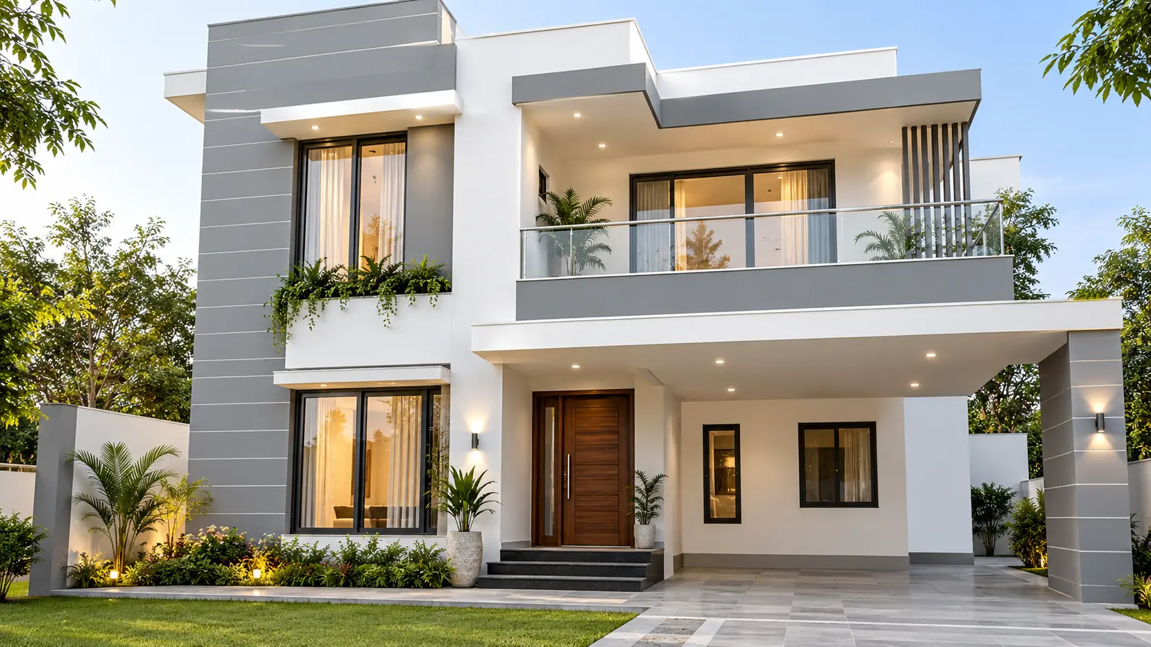 Soft ash grey and crisp white exterior paint colour combination for an Indian home