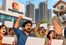 Supertech homebuyers protest in Noida over long-delayed flat deliveries and pending residential projects.