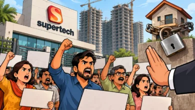 Supertech homebuyers protest in Noida over long-delayed flat deliveries and pending residential projects.
