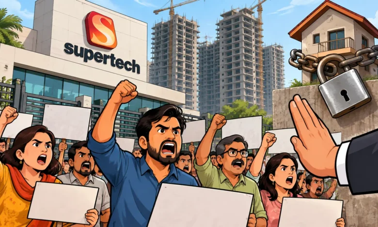 Supertech homebuyers protest in Noida over long-delayed flat deliveries and pending residential projects.