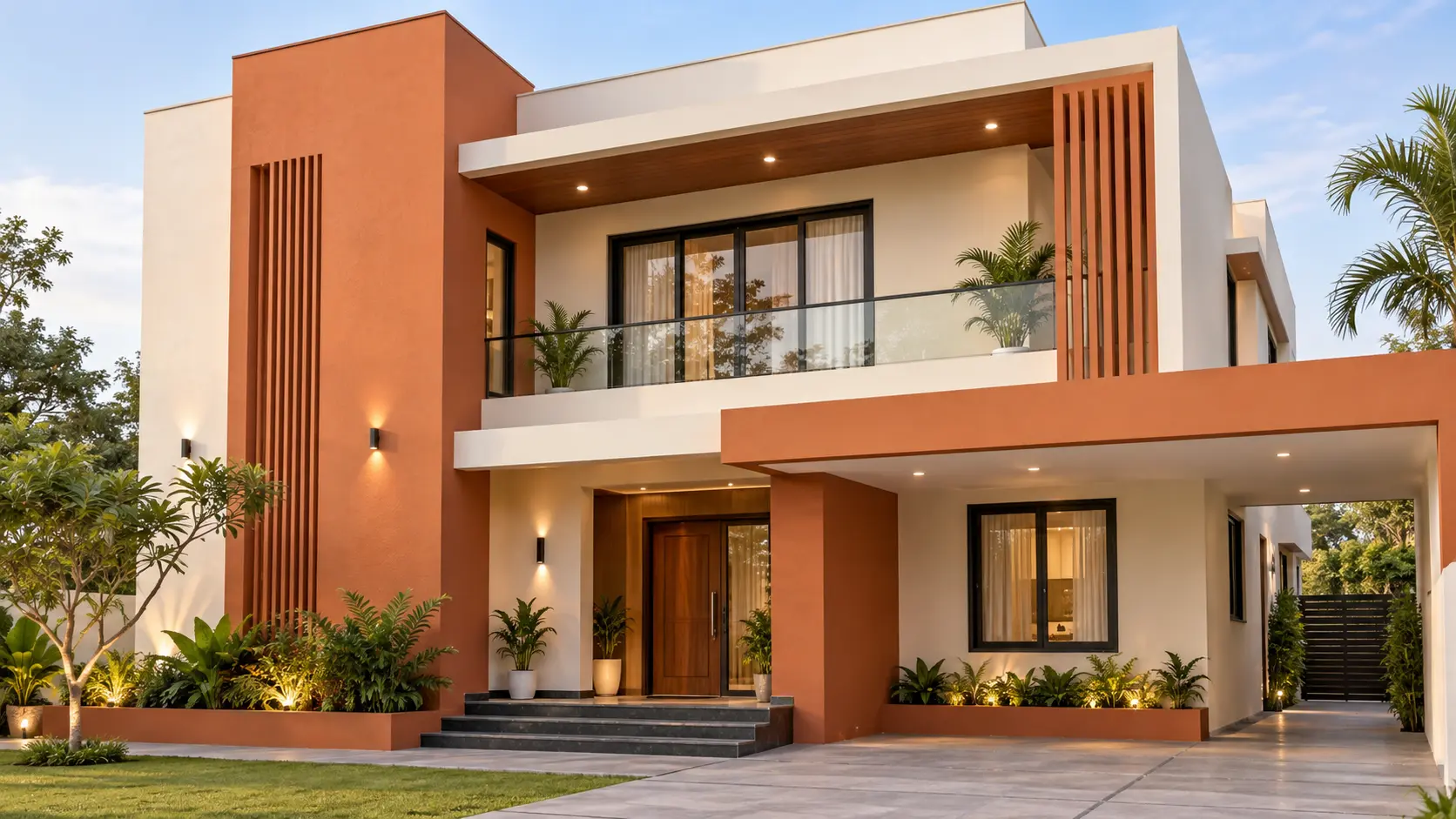 Terracotta and off-white exterior paint colour combination for an Indian home