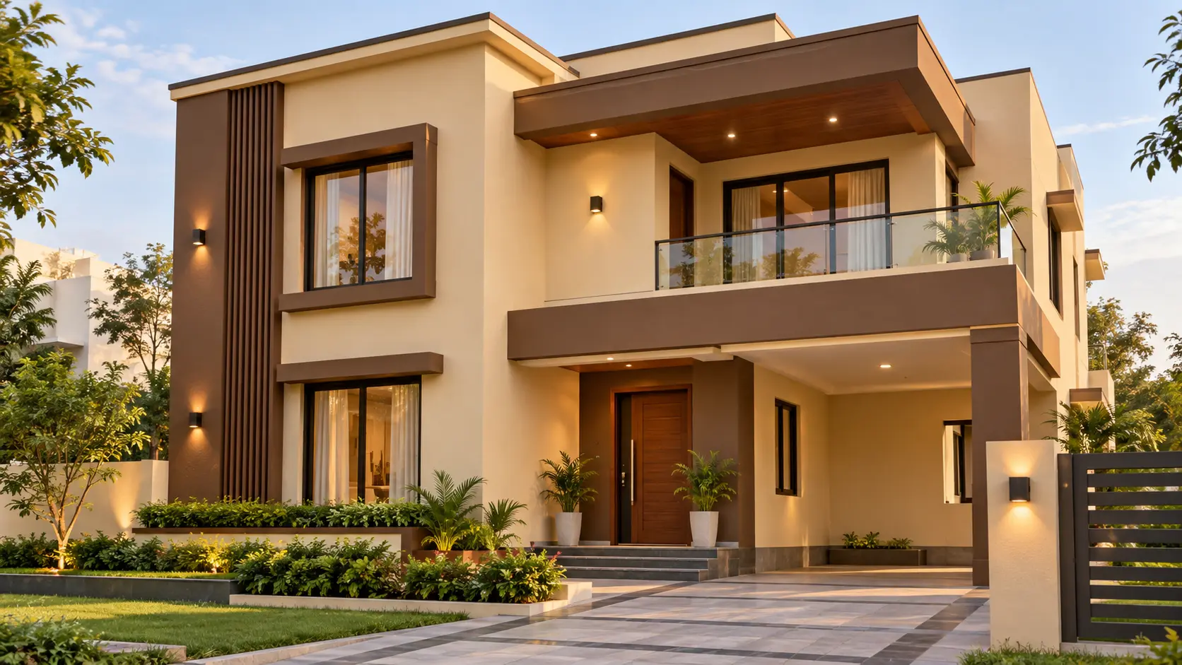 Warm oatmeal and coffee brown exterior paint colour combination for an Indian home