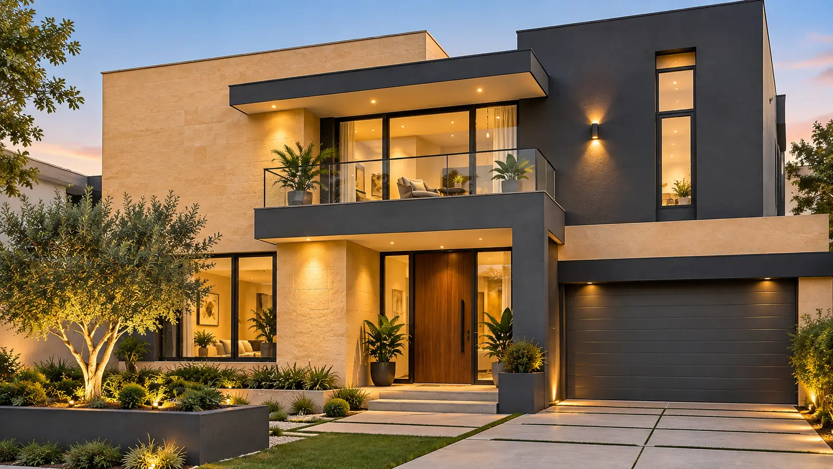 Warm sandstone and deep charcoal exterior paint colour combination for an Indian home