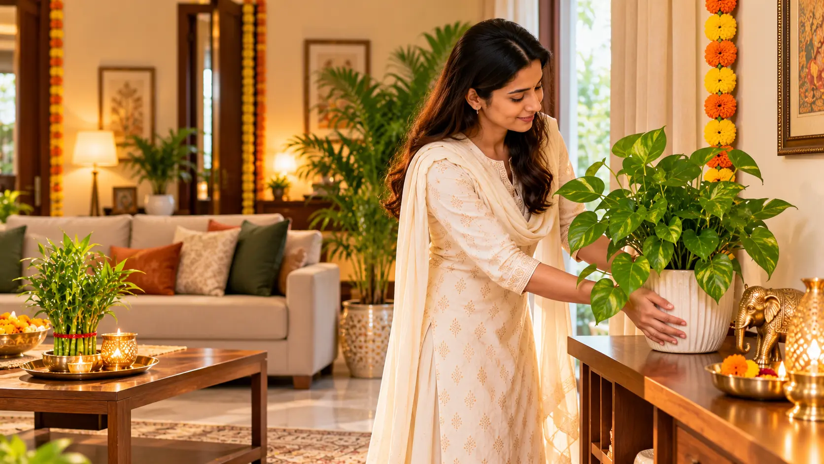 Woman arranging a green indoor plant in a modern Indian living room with warm festive décor.