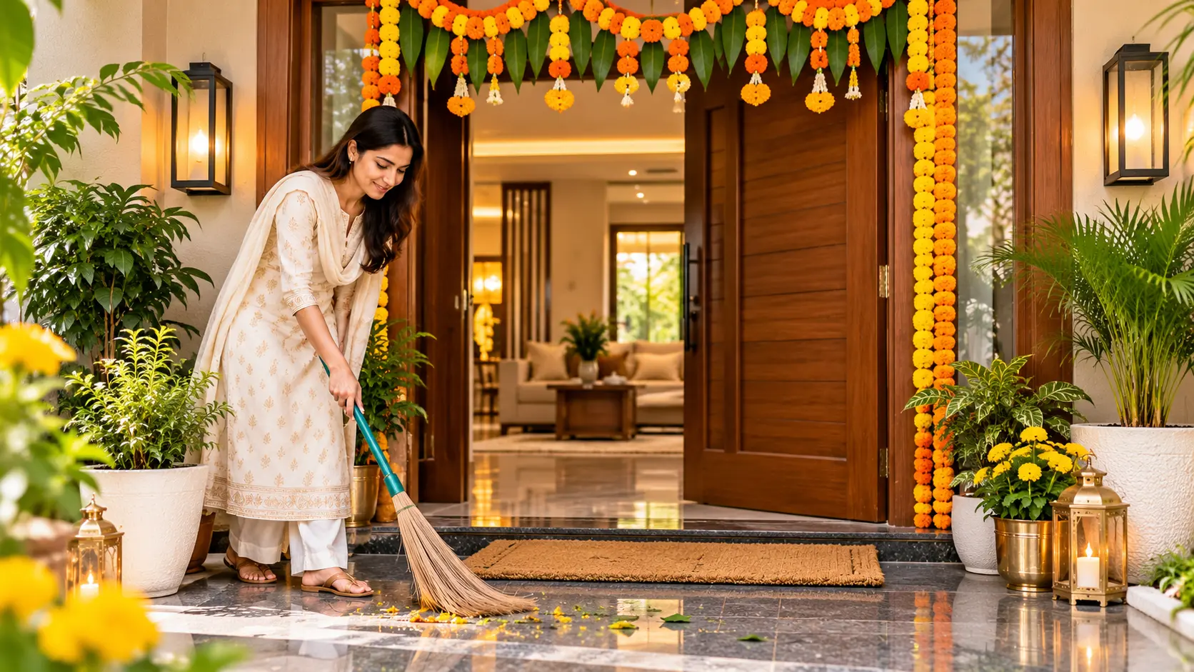 Woman cleaning the main entrance of an Indian home decorated with marigold garlands for Dussehra.