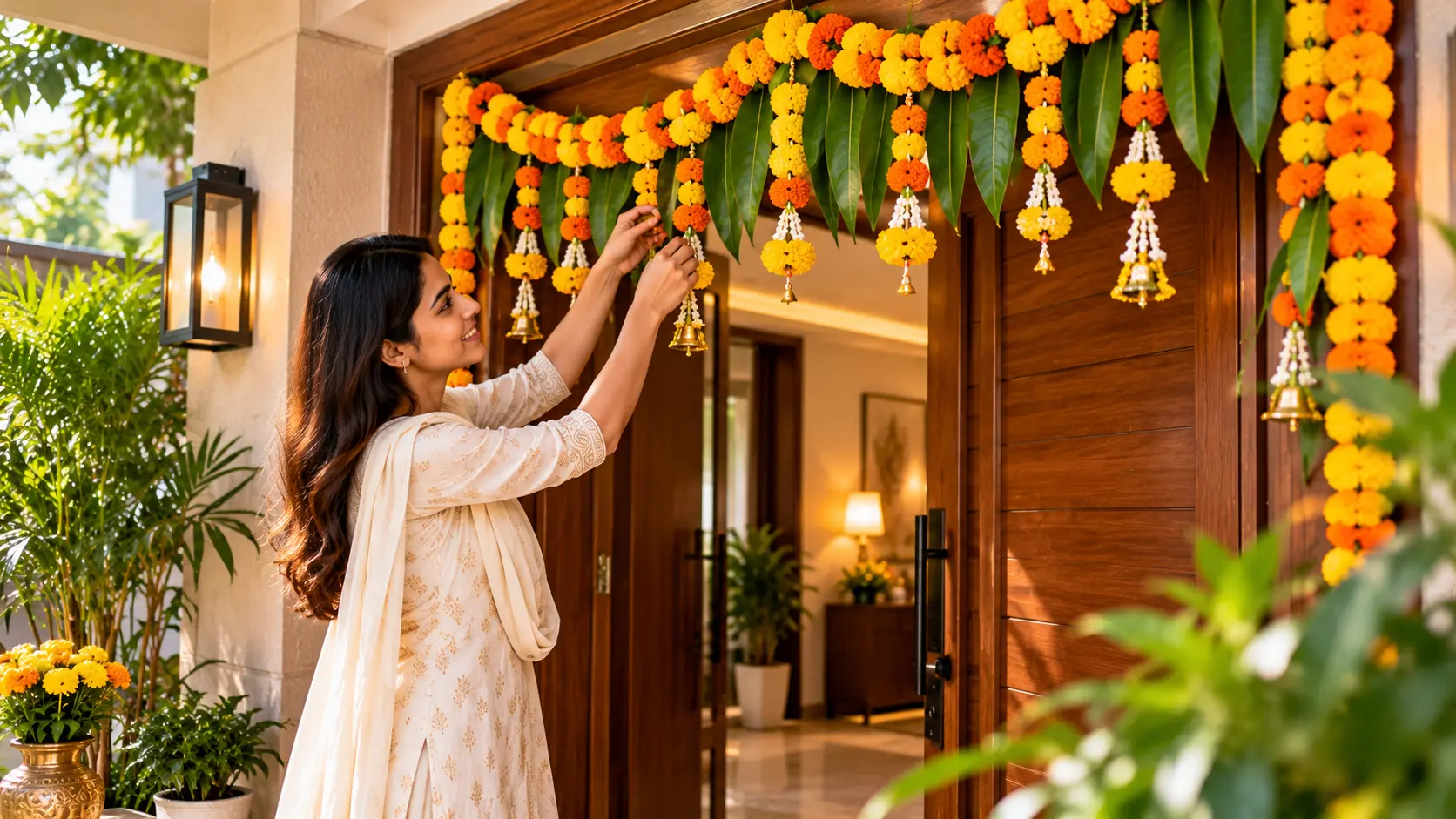 Woman hanging a traditional marigold and mango leaf toran above an Indian home's entrance.