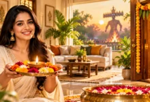 Woman holding a traditional diya thali in a festive Indian home decorated with marigold flowers for Dussehra.