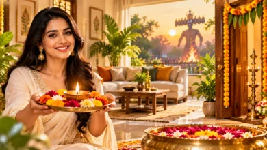 Woman holding a traditional diya thali in a festive Indian home decorated with marigold flowers for Dussehra.