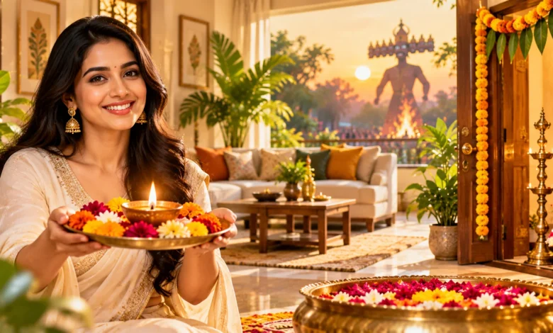 Woman holding a traditional diya thali in a festive Indian home decorated with marigold flowers for Dussehra.