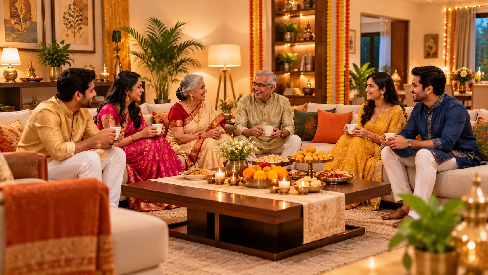 Indian family members chatting comfortably in a festive living room with seating, snacks and marigold decorations.