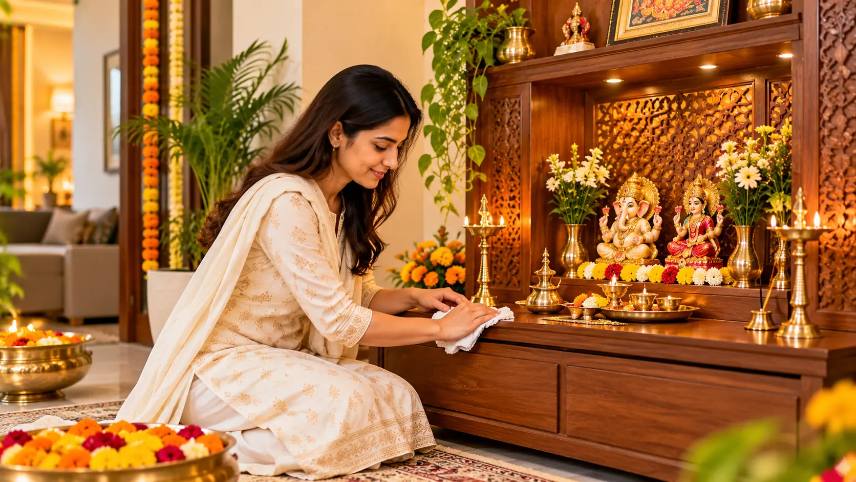 Woman cleaning and organising a wooden home mandir decorated with flowers and brass पूजा items.