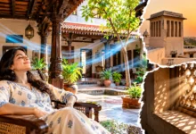 Traditional Indian house designed to stay cool without air conditioning using courtyards, thick walls, natural ventilation, shaded windows and passive cooling techniques.