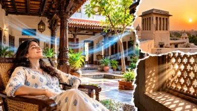 Traditional Indian house designed to stay cool without air conditioning using courtyards, thick walls, natural ventilation, shaded windows and passive cooling techniques.