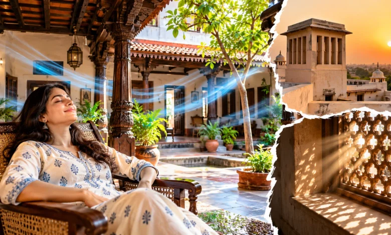 Traditional Indian house designed to stay cool without air conditioning using courtyards, thick walls, natural ventilation, shaded windows and passive cooling techniques.