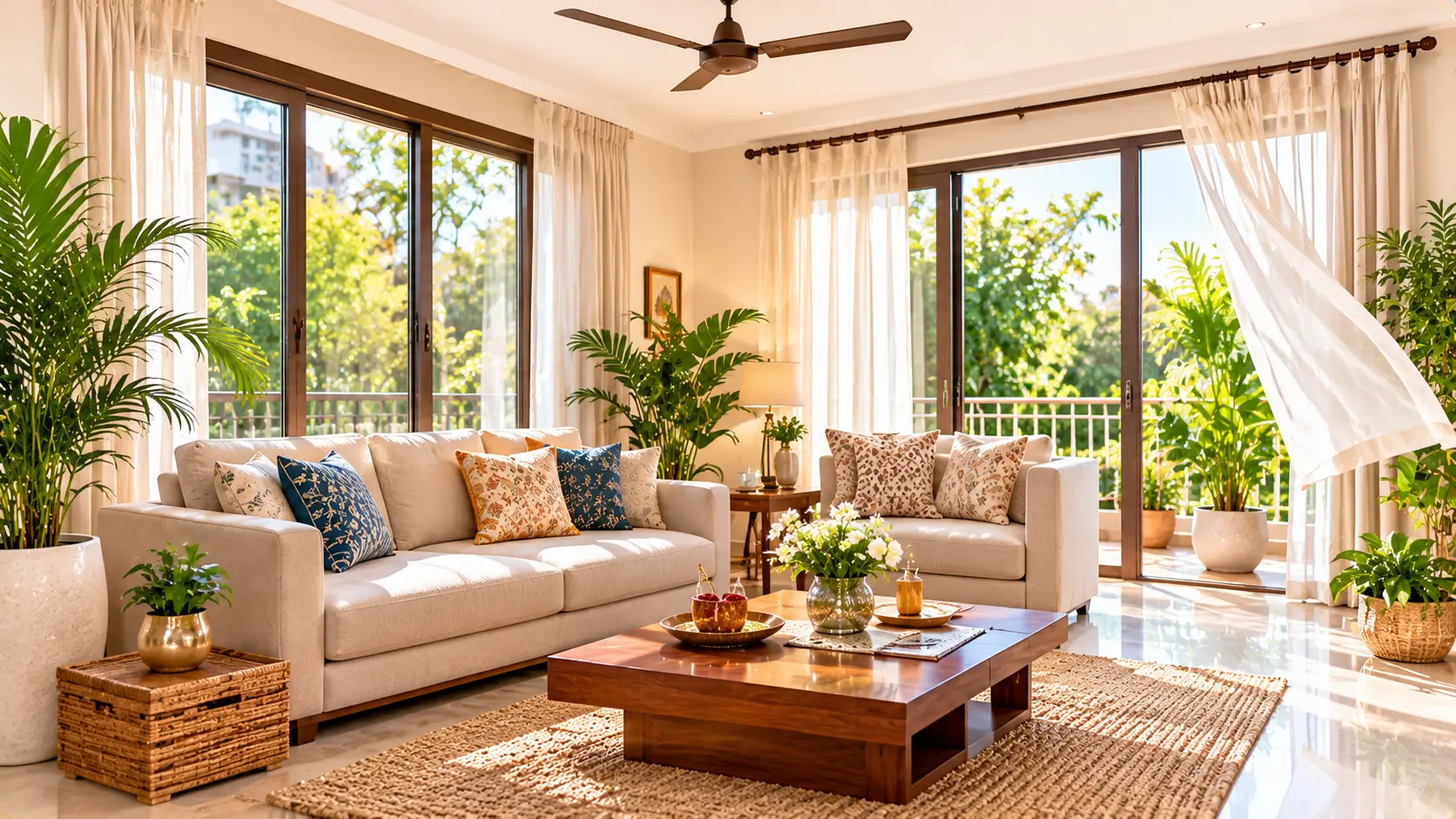 Bright Indian living room with open balcony doors, sheer curtains, indoor plants and natural daylight.