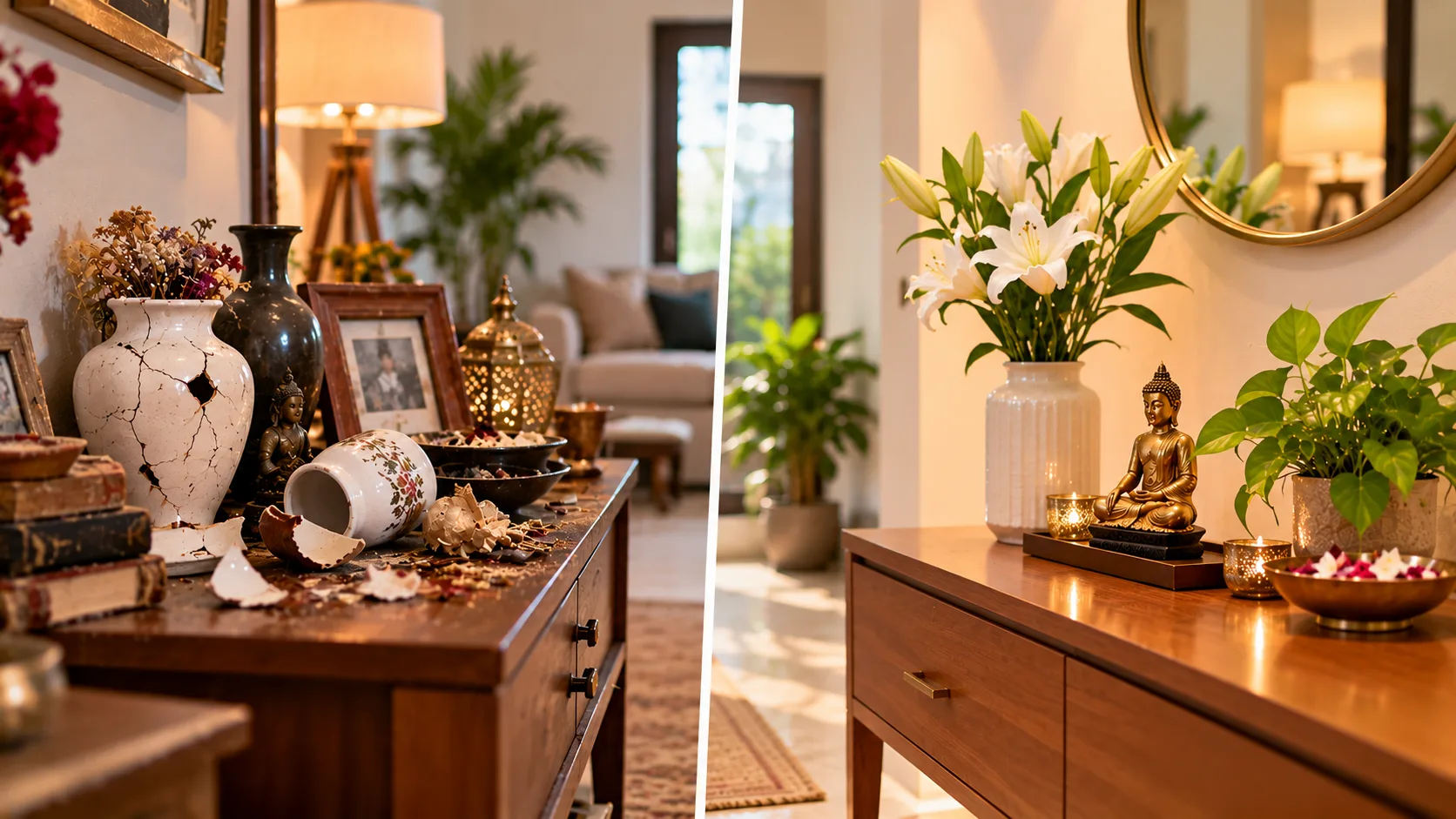 omparison of a cluttered console with broken decorative items and an organised console with flowers and plants.